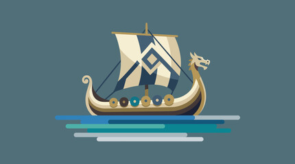 A minimalist depiction of a Viking ship with a dragon figurehead, set against a serene blue background, symbolizing adventure and exploration in a modern artistic style. © Kongchu