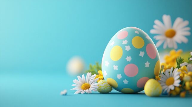 easter background with colorful polka dot eggs and spring flowers on a blue backdrop, with copy space for text, banner design for e-commerce advertising or social media post template