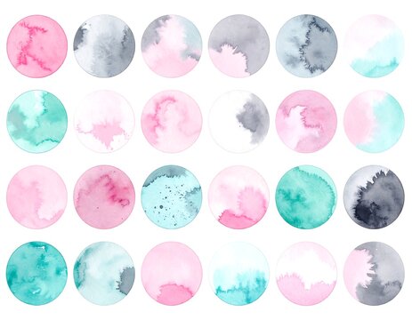 Watercolor circles display soft, diluted colors, creating an artistic and abstract arrangement on a white backdrop
