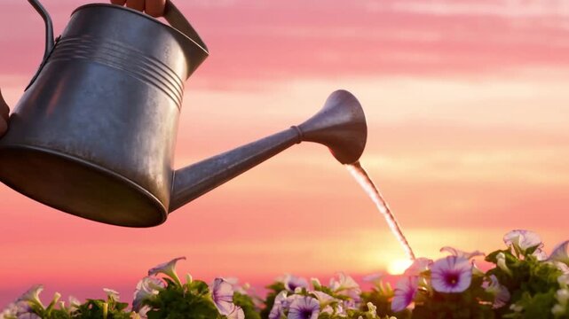 Galvanized metal watering can pouring a thin stream of water onto a bed of petunias against the backdrop of a stunning pink and orange summer sunset, the entire frame in warm pastel tones