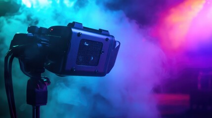 Advanced technology communication relay device illuminated by atmospheric lighting and smoke effects