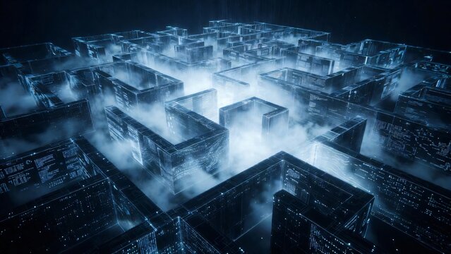 Futuristic digital maze with glowing blue walls and mysterious fog, concept of complex cyber journey.
