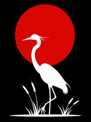 Fototapeta premium Minimalist Japanese Style White Crane Silhouette with Red Sun Circle on Black Background Vector Illustration for Zen Branding Wellness and Oriental Art Decor
