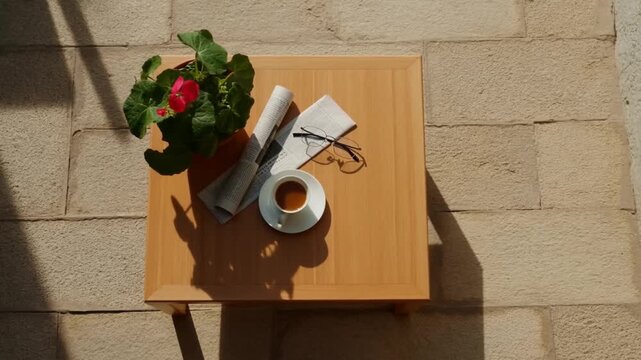 Overhead view of a small stone patio with a low teak table featuring an espresso cup, folded newspaper and thin-framed glasses next to a pot of blooming geraniums in the early morning with long shadow