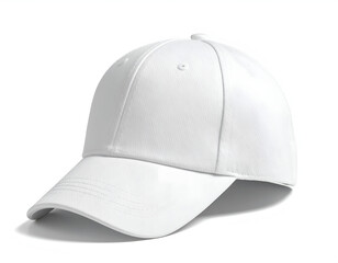 Fototapeta premium A plain white, six-panel baseball cap isolated on a white background