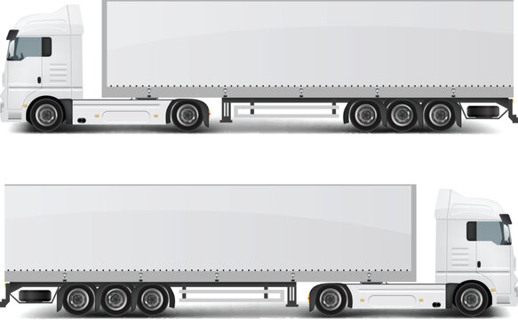 Heavy transport truck mockup with various views on white background vector