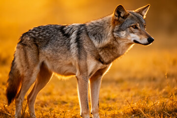 Fototapeta premium A Majestic Wild Wolf Standing Gracefully in a Golden Hour Landscape, Symbolizing Resilience and Untamed Freedom in Nature.