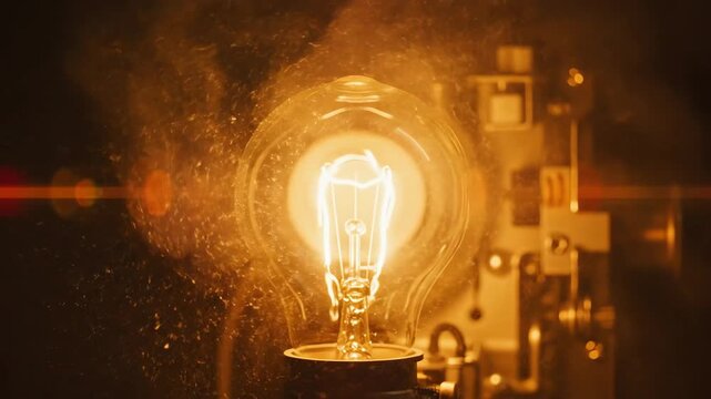 Close-up of a glowing incandescent light bulb exploding with sparks and dust particles