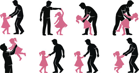 Complete Collection of Joyful Father and Little Daughter Dancing Silhouette Vector Illustrations, Minimalist Black and Pink Parent-Child Bonding Poses for 2026 Design Projects and Father's Day Graphic