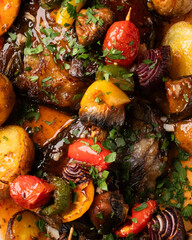 Roasted Mediterranean medley gleams with vibrant zestiness, ideal for autumnal equinox feasts and World Vegetarian Day celebrations