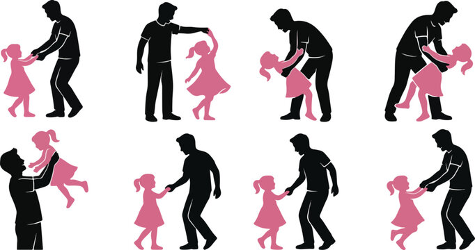 Complete Collection of Joyful Father and Little Daughter Dancing Silhouette Vector Illustrations, Minimalist Black and Pink Parent-Child Bonding Poses for 2026 Design Projects and Father's Day Graphic