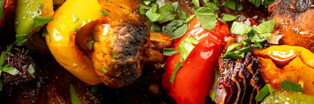 Grilled veggie symphony with charred bell peppers and mushrooms, capturing Midsummer feast essence, Mediterranean vegan delight, al fresco indulgence