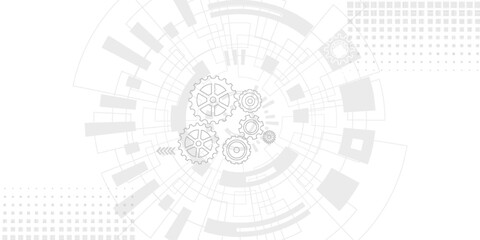 Fototapeta premium Modern abstract technology background featuring a circular digital interface design with geometric lines, grids, and radial elements in light gray tones on a white background