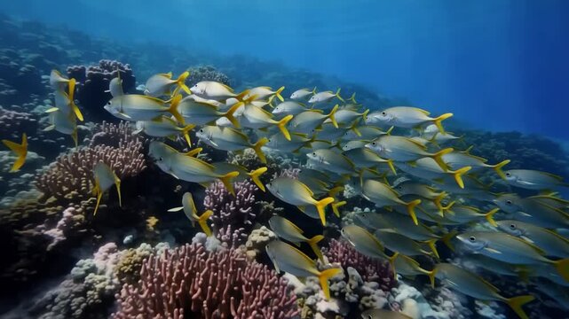School of yellowtail fusilier fish swim through coral reef ecosystem vibrant underwater marine life biodiversity