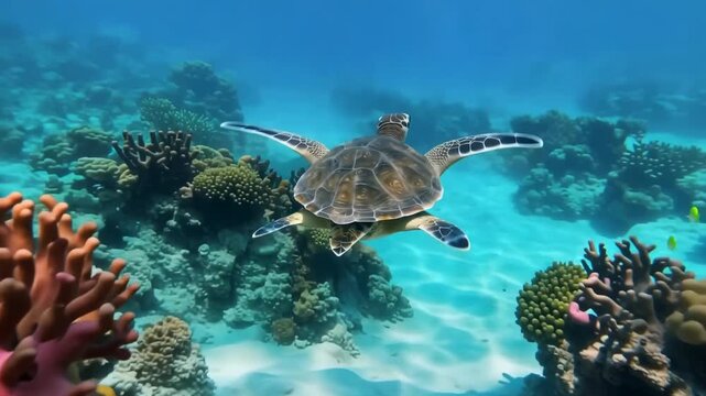 Sea turtle gracefully swimming underwater above coral reefs tropical marine life in clear turquoise water