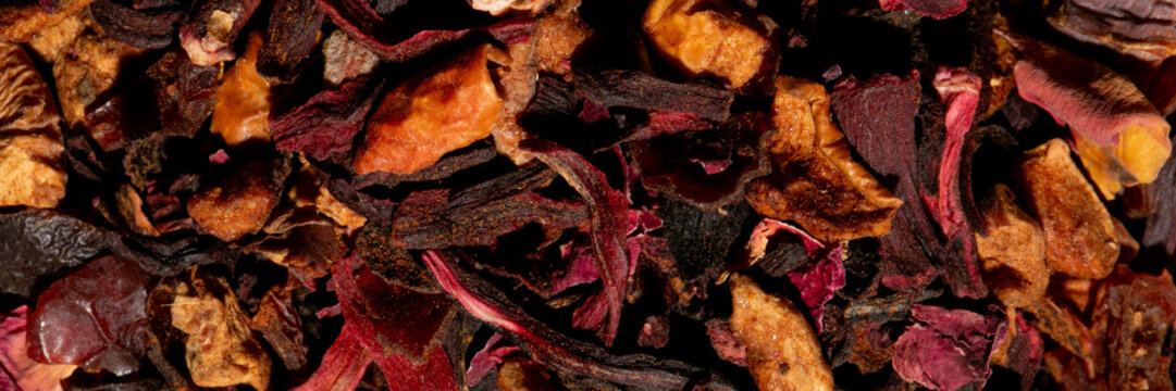 A tapestry of dried hibiscus petals and exotic fruits evokes solstice rituals and African herbal tea ceremonies, vivid infusion tapestry