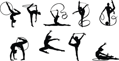 Black silhouettes of rhythmic gymnasts performing poses with hoops and ribbons, dynamic balance and flexibility icons isolated on white background © SABINA