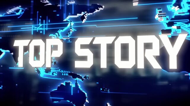 Cinematic news opener animation featuring top story with world map background and dramatic lighting for modern broadcast graphics