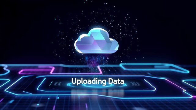 Futuristic cloud upload animation of data transfer digital dashboard interface neon holographic style minimalist design