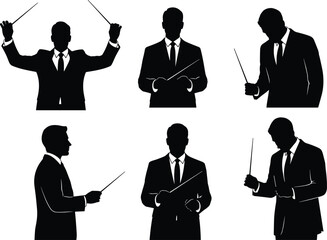 Businessmen silhouettes conducting orchestra with batons, music leadership illustration, conductor poses, teamwork concept, classical performance, vector art design © SABINA