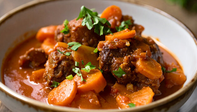 Italian Coda alla Vaccinara, braised oxtail with carrots, celery and rich tomato sauce, traditional culinary, delicious savory dish