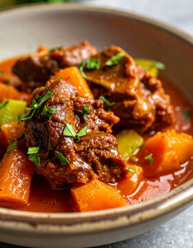 Italian Coda alla Vaccinara, braised oxtail with carrots, celery and rich tomato sauce, traditional culinary, delicious savory dish