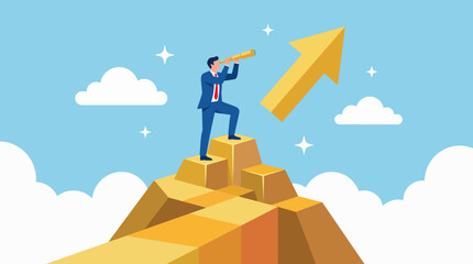 This inspiring illustration depicts a businessman using a telescope while standing on a mountain peak, signifying leadership, ambition, and the pursuit of success in a dynamic environment. © jianbin