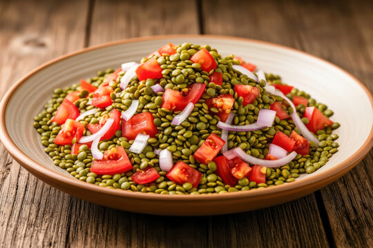 Traditional Ethiopian Azifa Salad Featuring Green Lentils, Fresh Tomatoes, and Red Onions Served on a Rustic Wooden Table for a Healthy Meal