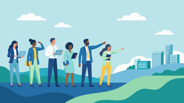 A team of six professionals stands on a landscape, with a city skyline visible in the background, signaling collaboration, diversity, and ambition in today's urban environment.