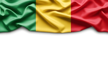 Obraz premium Wavy silk flag of Mali with green, yellow, and red vertical stripes on a white background.