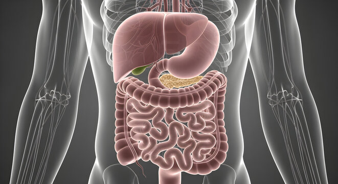 Detailed 3D illustration of the human digestive system, highlighting key internal organs for anatomical study and health education