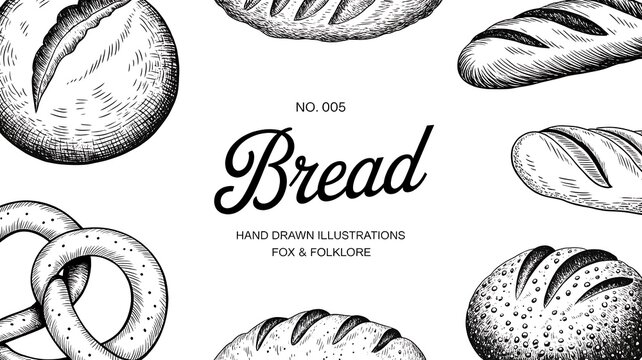 A collection of hand drawn illustrations of various bread types