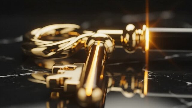 Sports equipment lies on a reflective black floor with golden handcuffs and a baton shining brightly