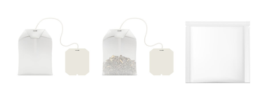3d realistic vector illustration. Set of tea bag mockup empty and with tea inside, tea bag sachet pouch. 