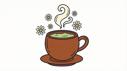 Obraz premium A steaming cup of green herbal tea with chamomile flowers floating around it, symbolizing relaxation and natural wellness