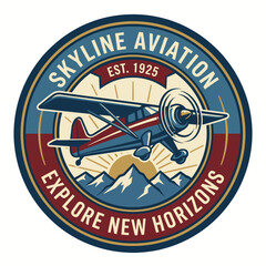 This retro-style logo represents Skyline Aviation, featuring a biplane flying above mountains, symbolizing adventure and exploration in aviation since 1925. © Miaochan