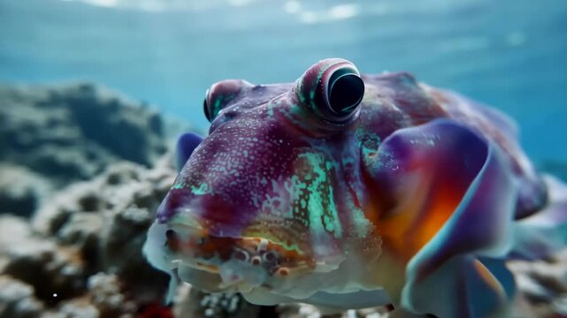 Vibrant close up shot of colorful toadfish underwater with detailed skin texture and large eyes in turquoise water