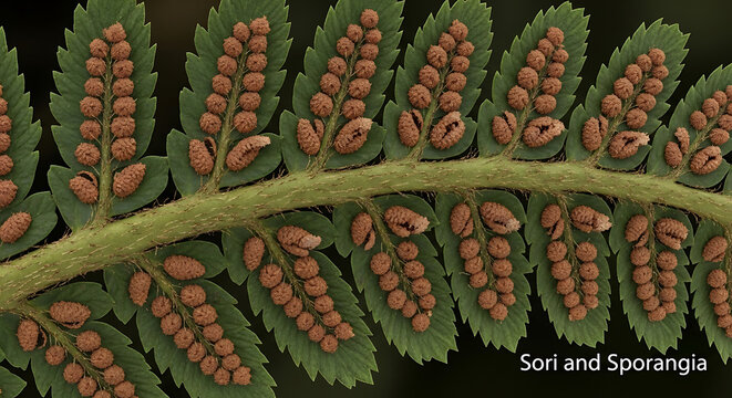 Detailed illustration of a fern frond with sori and sporangia viewed from above in a dark environment