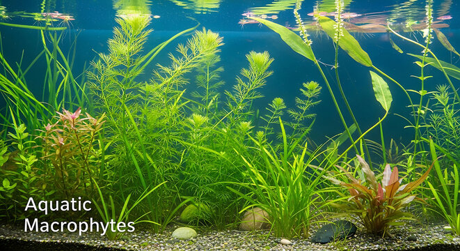 Underwater view of lush green aquatic macrophytes thriving in a serene aquatic environment with various plants and clear water
