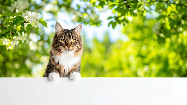 Beautiful long haired tabby cat peering over blank white sign in bright sunlit garden with spring blossoms