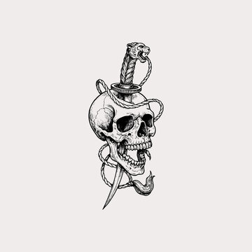 Skull pierced by tiger hilt dagger with rope illustration