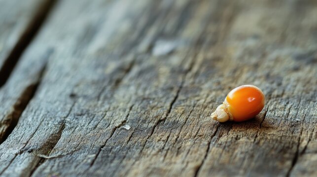 A Single Dry Corn Kernel Rests on a Worn Textured Wood Surface