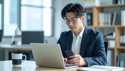 Fototapeta premium Intellectual Japanese office worker utilizing a smartphone app and laptop for reskilling and digital transformation training in a bright workspace