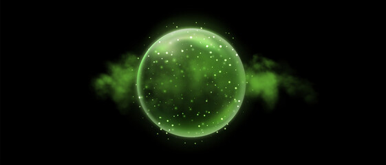 Green magic sphere, crystal ball with glowing sparkles and particles. Energy orb with glow flare light effect. Isolated on black background. Vector illustration. © Elena