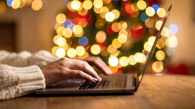 Person in knitted sweater typing on laptop at wooden table with blurry Christmas tree bokeh lights in background