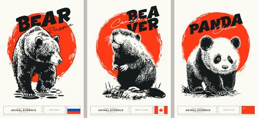 Bright retro posters in vintage style with images of animals - symbols of countries. Dynamic creative prints of a bear (Russia), a beaver (Canada), and a panda (China). Set 1 © Nadin_Koryukova
