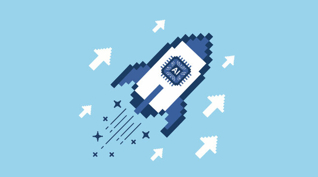 A pixel art depiction of a rocket soaring upwards with an AI label, representing innovation, technology, and futuristic advancements in the digital world and beyond.