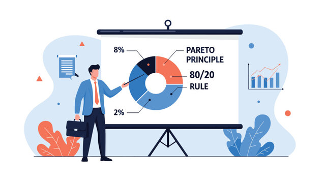 Professional man gives a presentation about the Pareto Principle eighty twenty rule using a pie chart on a white screen board.