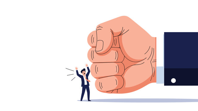 Enormous human fist looms over a small terrified businessman in a suit representing pressure, power, and overwhelming odds.