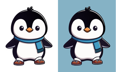 Fototapeta premium A delightful cartoon penguin, adorned with a cozy scarf and warm boots, exudes a sense of comfort and cheer.